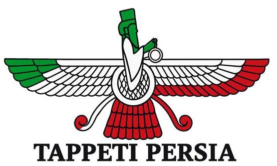 Logo tappeti Persia, simbolo faravahar con i colori della bandiera iraniana con italiana, negozio di tappeti persiani